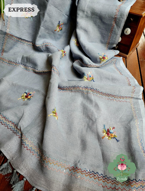 Zynah Grey Organic Linen Saree With Frenchknot Embroidery; Custom Stitched/Ready-made Blouse, Fall, Petticoat; SKU: 2504202303