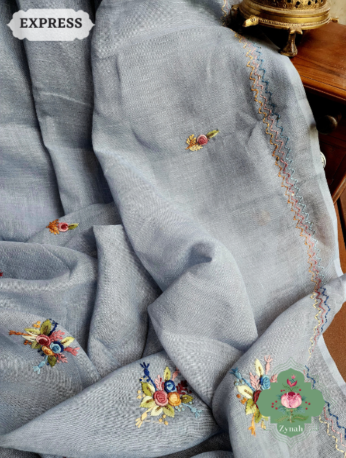 Zynah Grey Organic Linen Saree With Frenchknot Embroidery; Custom Stitched/Ready-made Blouse, Fall, Petticoat; SKU: 2504202303