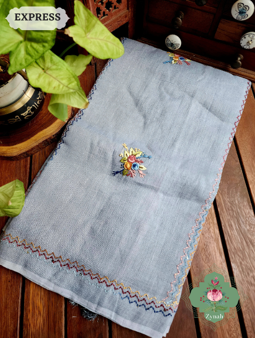Zynah Grey Organic Linen Saree With Frenchknot Embroidery; Custom Stitched/Ready-made Blouse, Fall, Petticoat; SKU: 2504202303