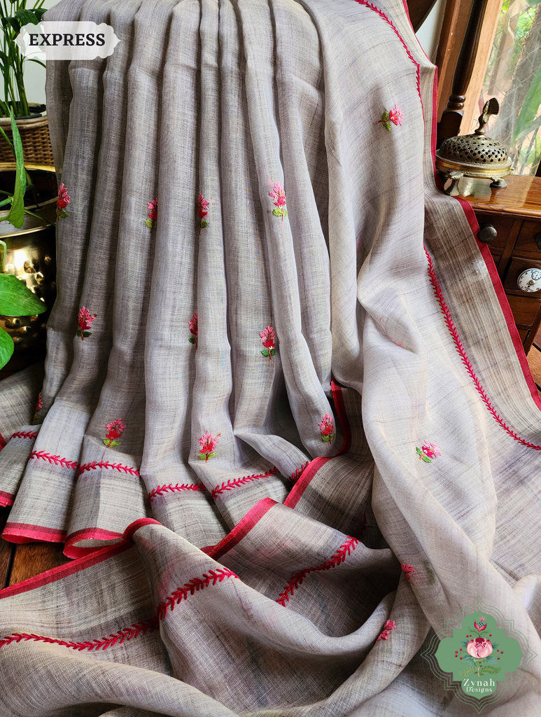 Grey Linen Tissue Saree With Frenchknot Hand Embroidery 3