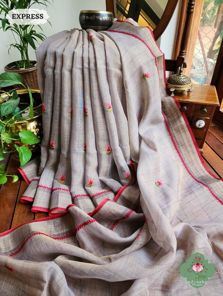 Grey Linen Tissue Saree With Frenchknot Hand Embroidery 4