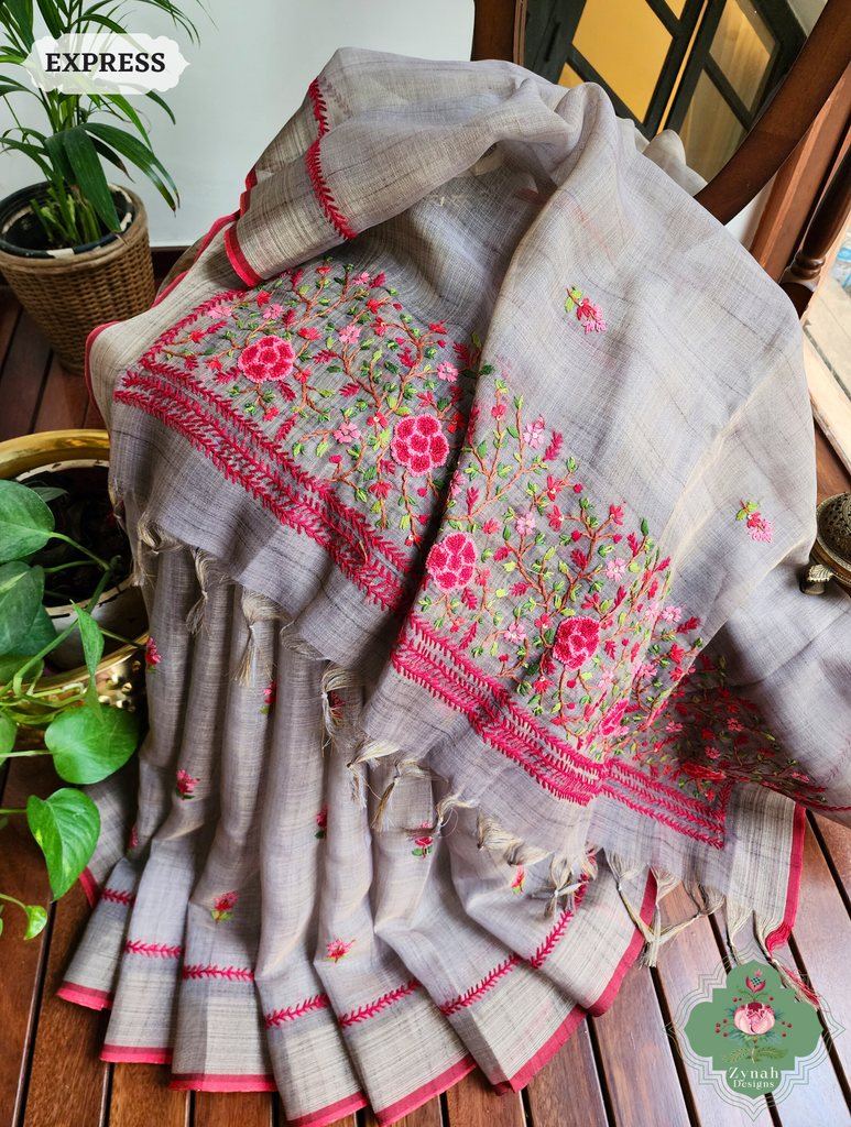 Grey Linen Tissue Saree With Frenchknot Hand Embroidery 5