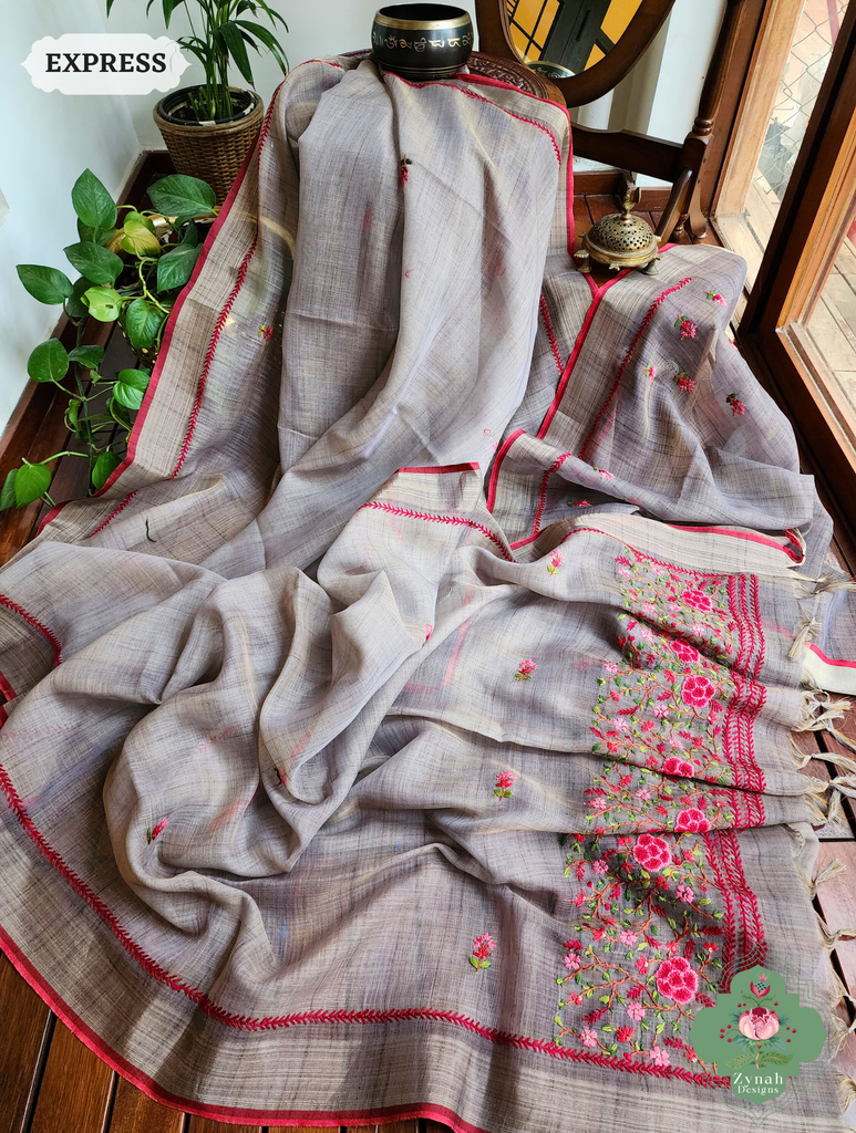 Grey Linen Tissue Saree With Frenchknot Hand Embroidery 6