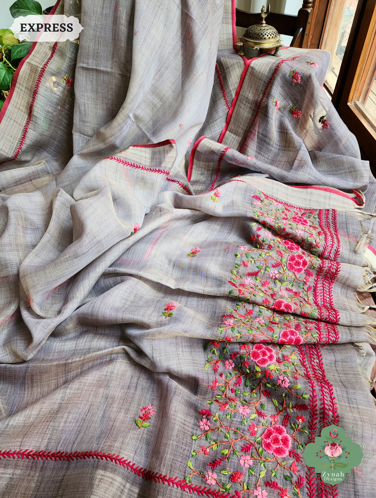 Grey Linen Tissue Saree With Frenchknot Hand Embroidery 7