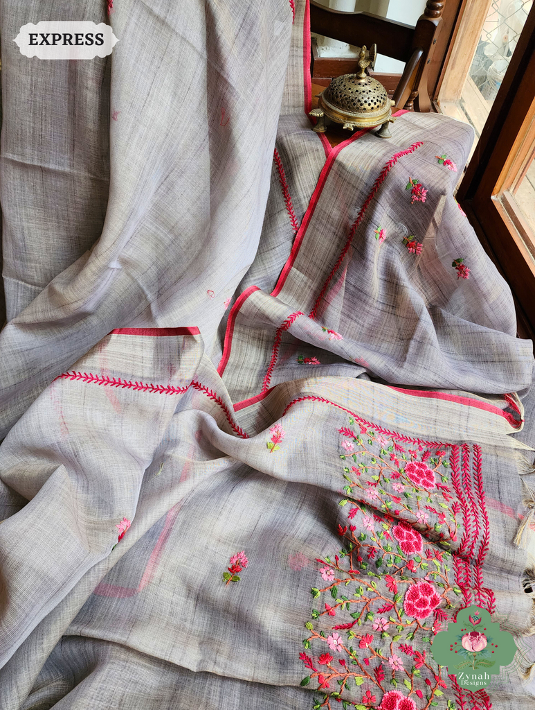 Grey Linen Tissue Saree With Frenchknot Hand Embroidery 8
