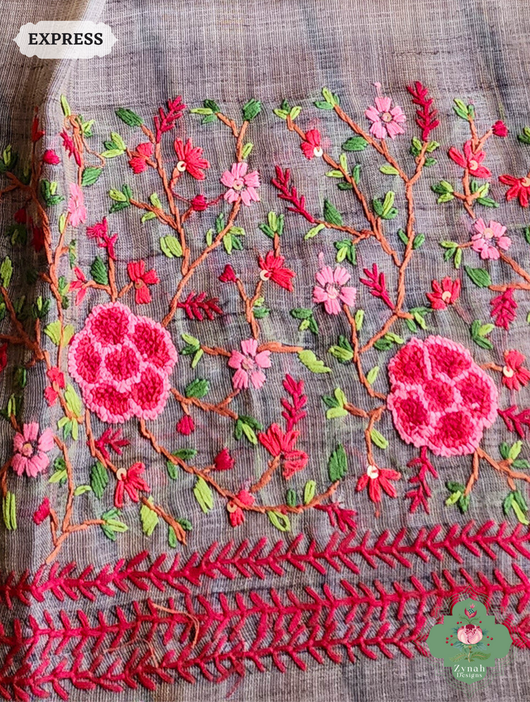 Grey Linen Tissue Saree With Frenchknot Hand Embroidery 9