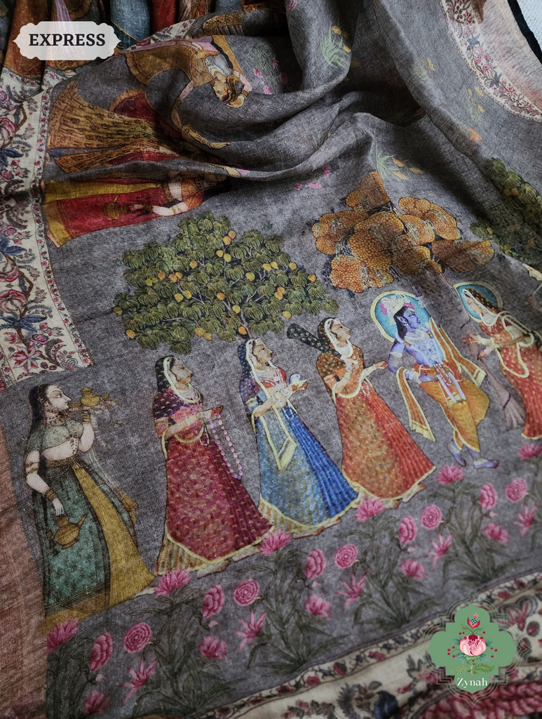 Grey Organic Linen Saree With Pichwai Print 10