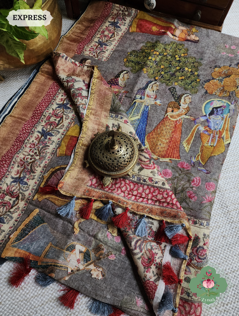 Grey Organic Linen Saree With Pichwai Print 11