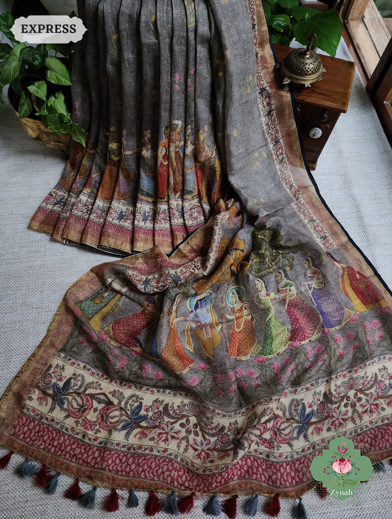 Grey Organic Linen Saree With Pichwai Print 1