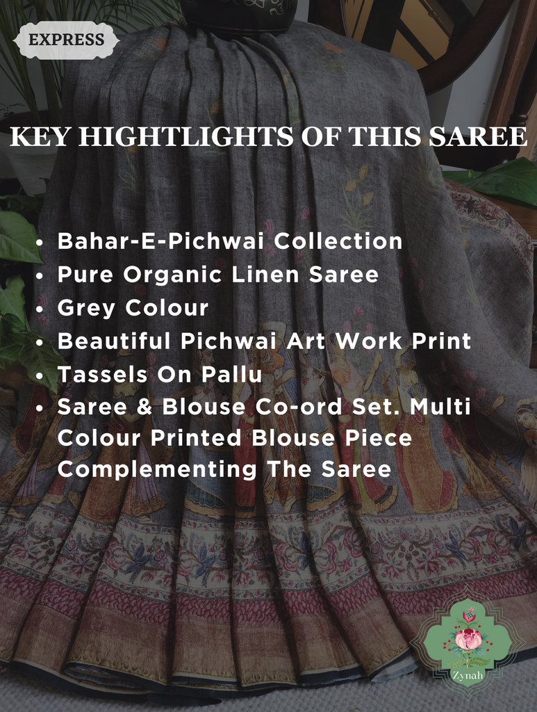 Grey Organic Linen Saree With Pichwai Print 2