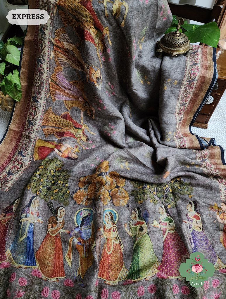 Grey Organic Linen Saree With Pichwai Print 4