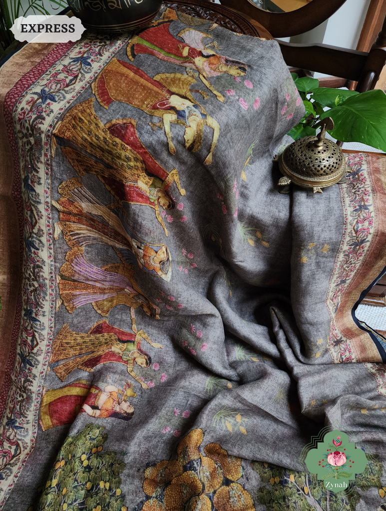 Grey Organic Linen Saree With Pichwai Print 5
