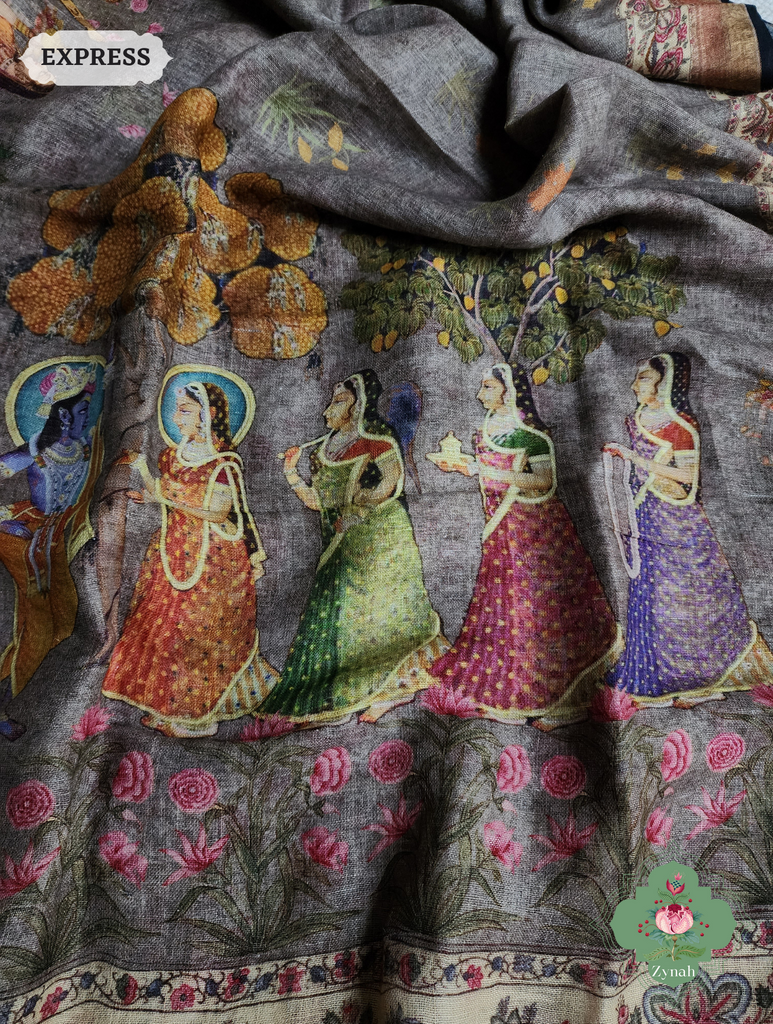 Grey Organic Linen Saree With Pichwai Print 6