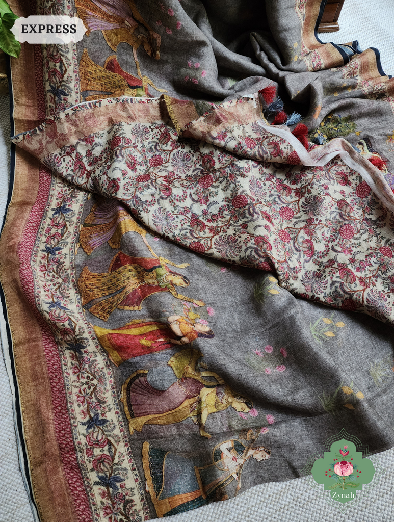 Zynah Grey Organic Linen Saree With Pichwai Print; Custom Stitched/Ready-made Blouse, Fall, Petticoat; SKU: 2911202304