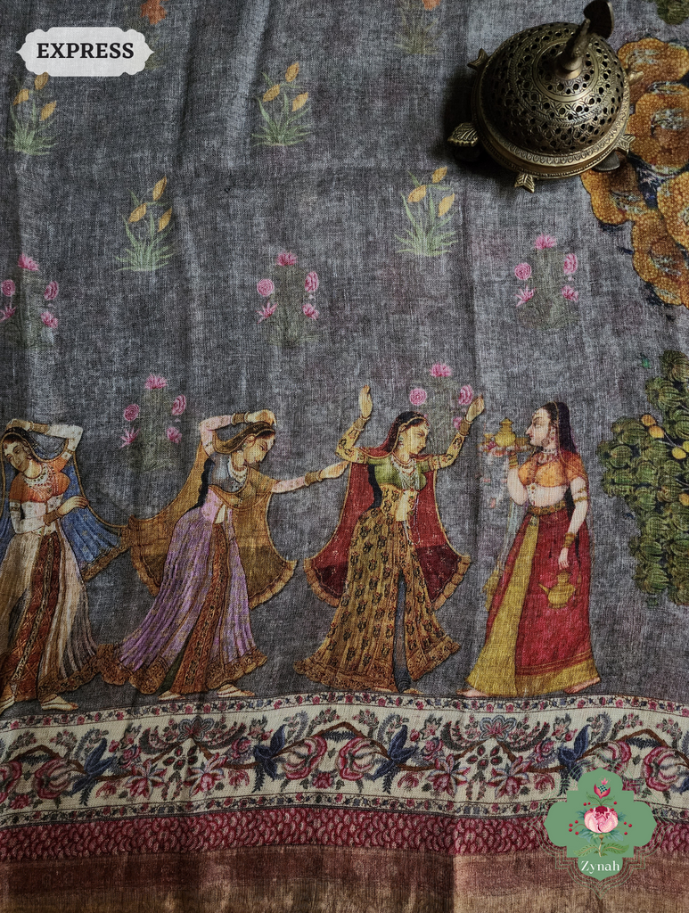 Grey Organic Linen Saree With Pichwai Print 7