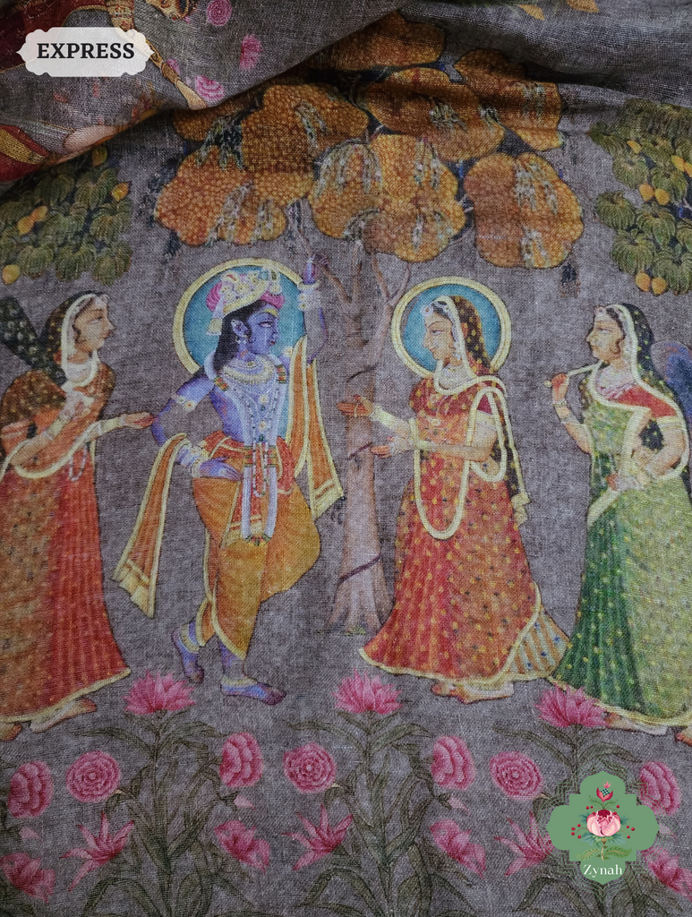 Grey Organic Linen Saree With Pichwai Print 9