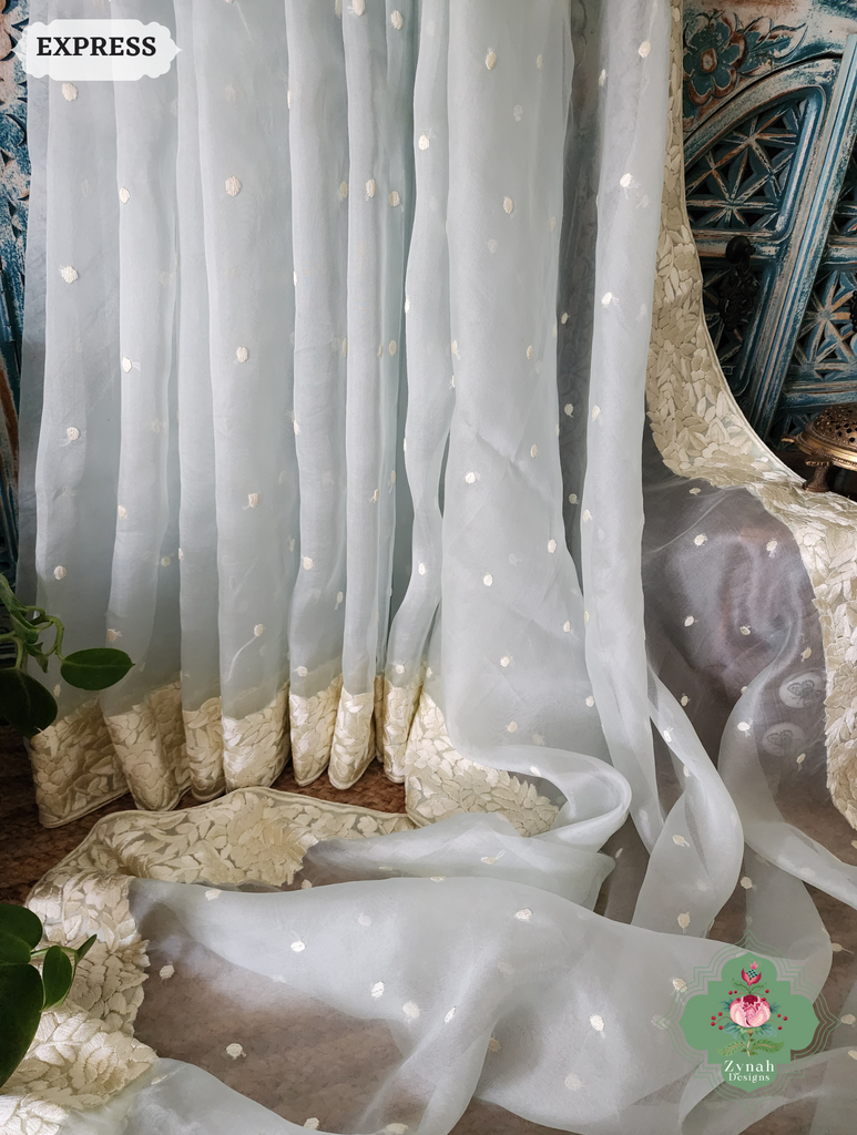 Zynah Made To Order Grey Organza Silk Hand Embroidered Parsi Gara Saree With Floral Embroidery Border; Custom Stitched/Ready-made Blouse, Fall, Petticoat; SKU: 0912202402
