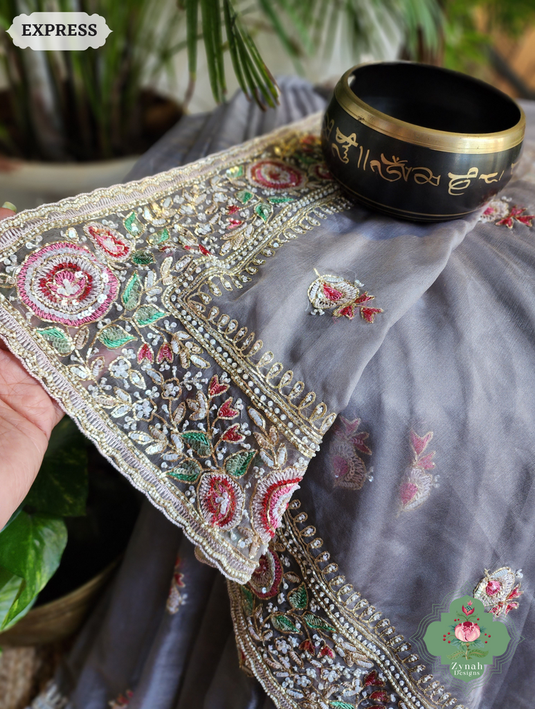Zynah Grey Organza Silk Saree With Thread Embroidery & Hand Embellished With Sequins, Pearls & Cutdana Beads; Custom Stitched/Ready-made Blouse, Fall, Petticoat; SKU: 1203202503