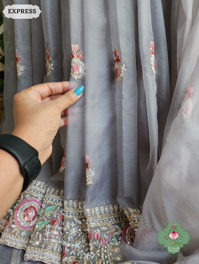 Zynah Grey Organza Silk Saree With Thread Embroidery & Hand Embellished With Sequins, Pearls & Cutdana Beads; Custom Stitched/Ready-made Blouse, Fall, Petticoat; SKU: 1203202503
