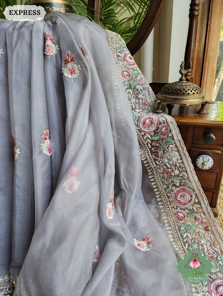 Zynah Grey Organza Silk Saree With Thread Embroidery & Hand Embellished With Sequins, Pearls & Cutdana Beads; Custom Stitched/Ready-made Blouse, Fall, Petticoat; SKU: 1203202503
