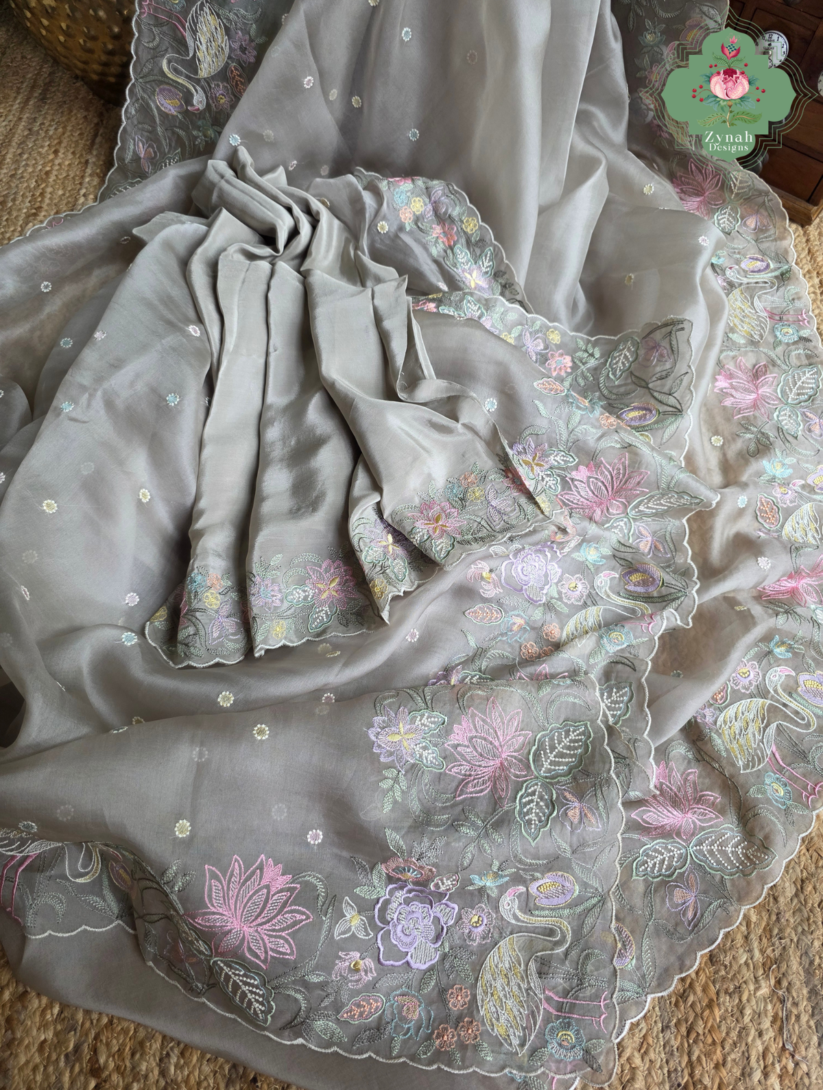 Shaam-E-Gul Grey Organza Silk Saree With Designer Crane & Floral Embroidery
