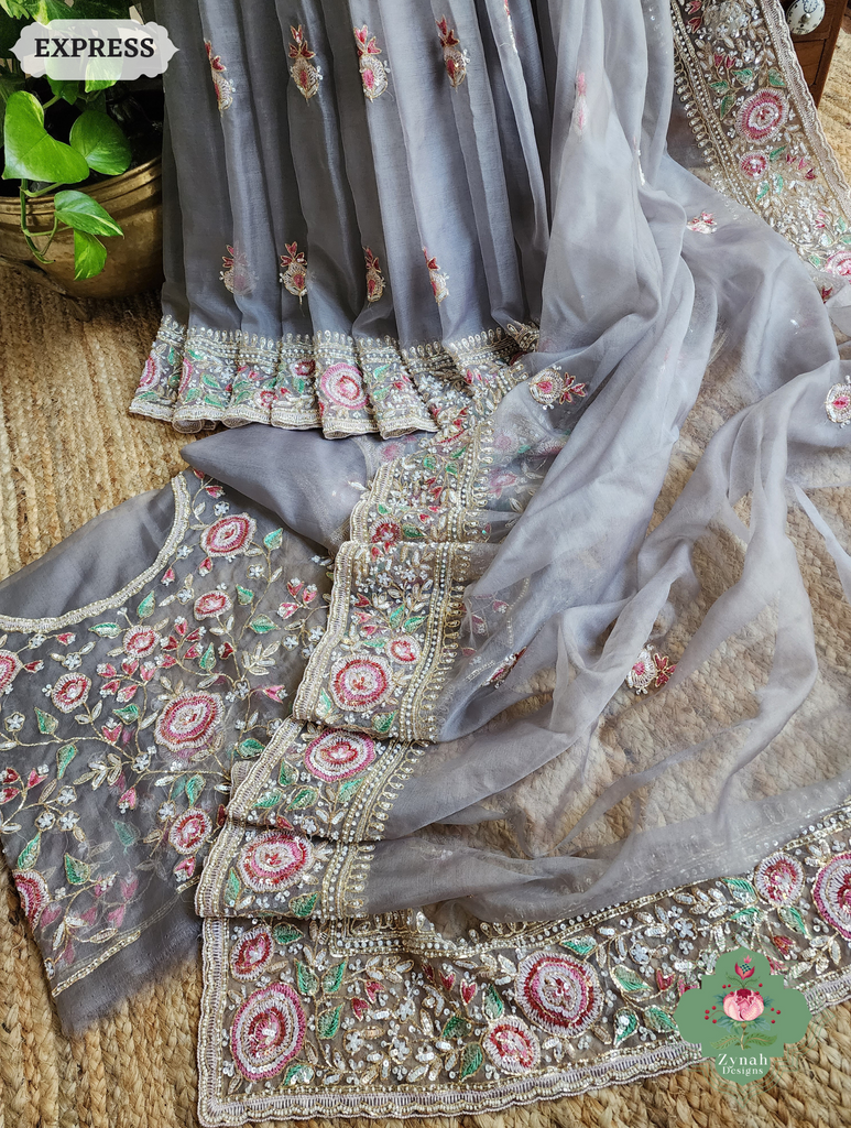 Zynah Grey Organza Silk Saree With Thread Embroidery & Hand Embellished With Sequins, Pearls & Cutdana Beads; Custom Stitched/Ready-made Blouse, Fall, Petticoat; SKU: 1203202503
