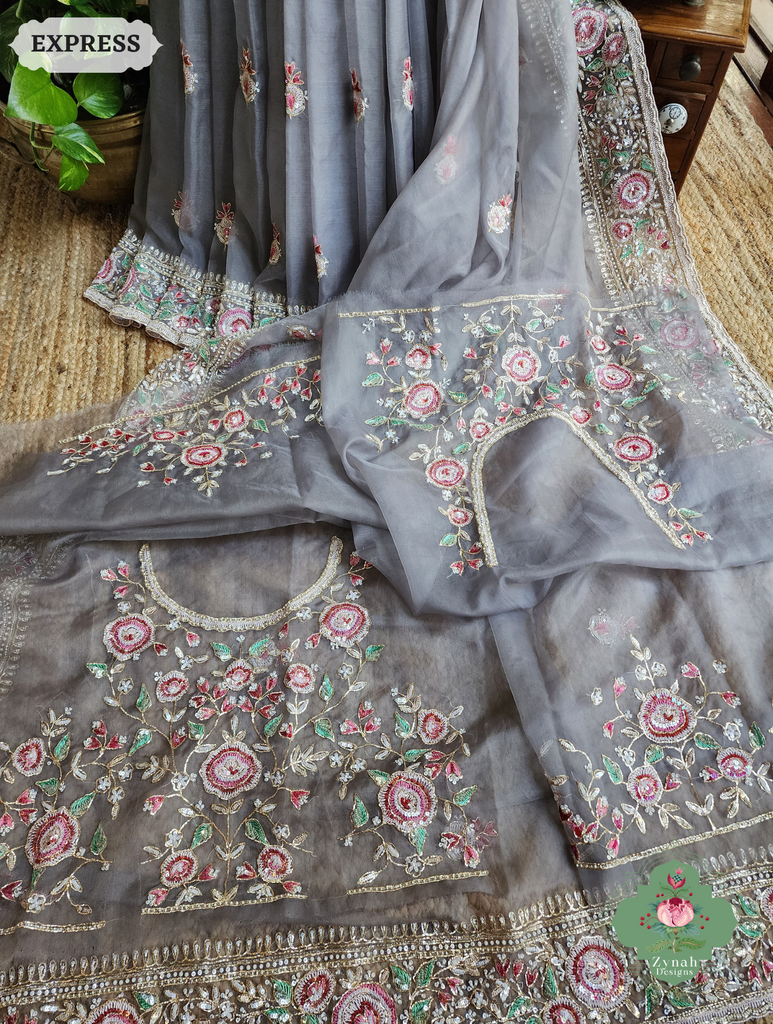 Zynah Grey Organza Silk Saree With Thread Embroidery & Hand Embellished With Sequins, Pearls & Cutdana Beads; Custom Stitched/Ready-made Blouse, Fall, Petticoat; SKU: 1203202503