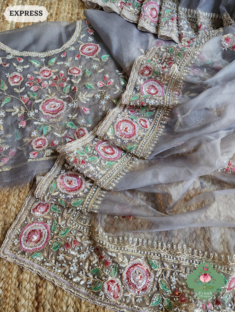 Zynah Grey Organza Silk Saree With Thread Embroidery & Hand Embellished With Sequins, Pearls & Cutdana Beads; Custom Stitched/Ready-made Blouse, Fall, Petticoat; SKU: 1203202503