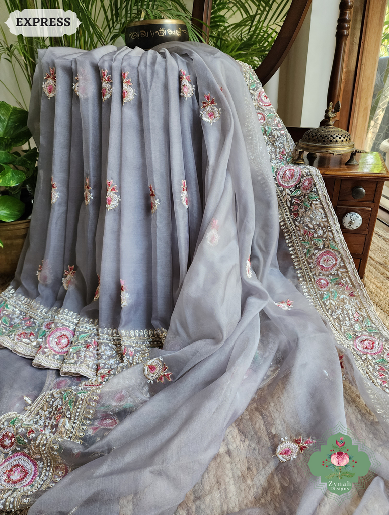 Zynah Grey Organza Silk Saree With Thread Embroidery & Hand Embellished With Sequins, Pearls & Cutdana Beads; Custom Stitched/Ready-made Blouse, Fall, Petticoat; SKU: 1203202503