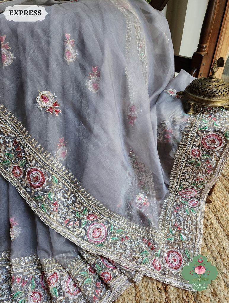 Zynah Grey Organza Silk Saree With Thread Embroidery & Hand Embellished With Sequins, Pearls & Cutdana Beads; Custom Stitched/Ready-made Blouse, Fall, Petticoat; SKU: 1203202503
