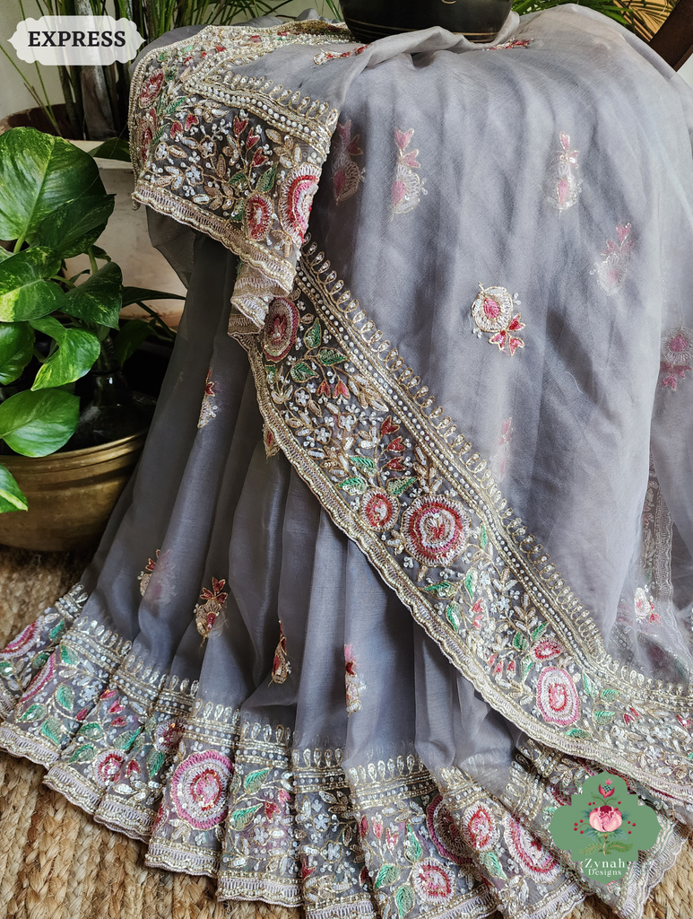 Zynah Grey Organza Silk Saree With Thread Embroidery & Hand Embellished With Sequins, Pearls & Cutdana Beads; Custom Stitched/Ready-made Blouse, Fall, Petticoat; SKU: 1203202503