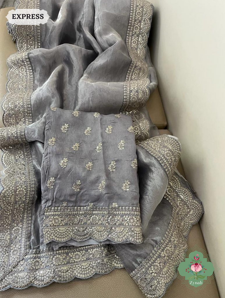 Grey Pure Silver Tissue Saree With Sequins Embroidered Border