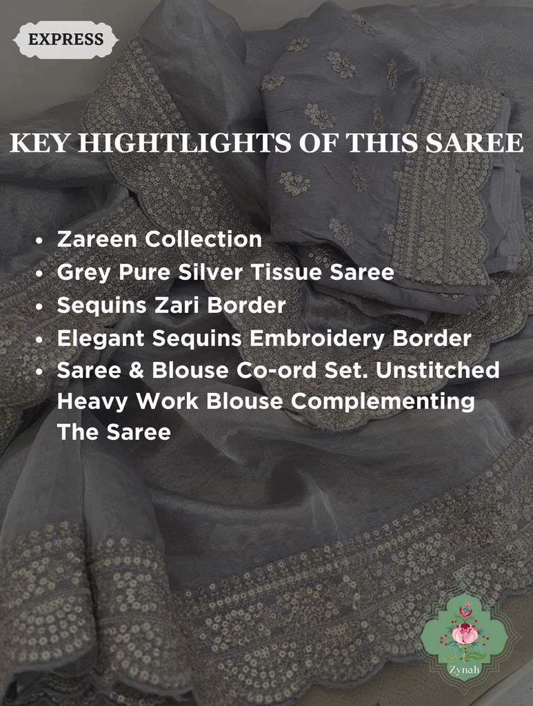 Grey Pure Silver Tissue Saree With Sequins Embroidered Border