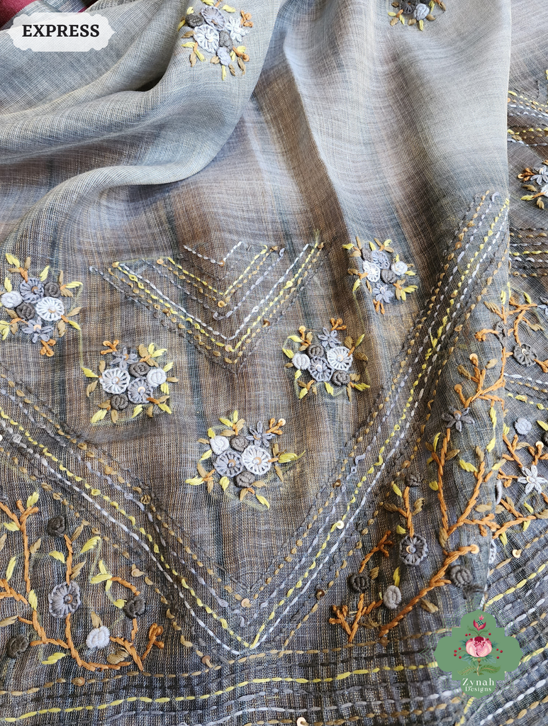 Zynah Grey Linen Tissue Saree Adorned With French-knot & Kantha Hand Embroidery; Custom Stitched/Ready-made Blouse, Fall, Petticoat; SKU: 1903202501