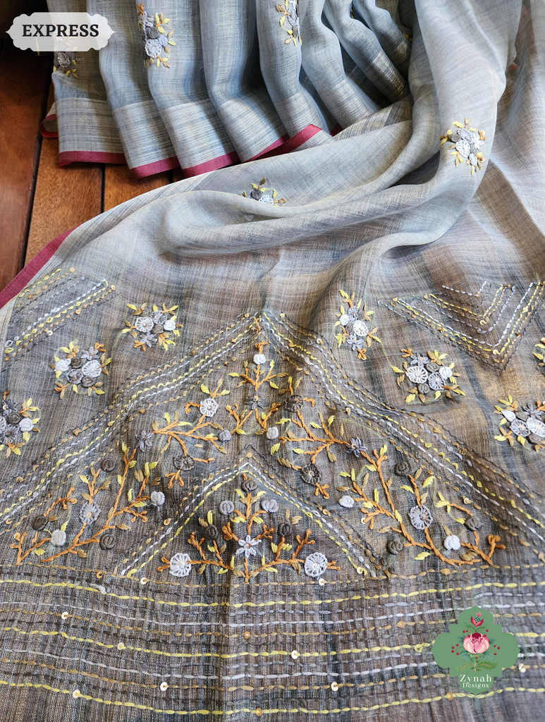 Zynah Grey Linen Tissue Saree Adorned With French-knot & Kantha Hand Embroidery; Custom Stitched/Ready-made Blouse, Fall, Petticoat; SKU: 1903202501