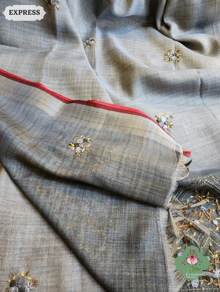Zynah Grey Linen Tissue Saree Adorned With French-knot & Kantha Hand Embroidery; Custom Stitched/Ready-made Blouse, Fall, Petticoat; SKU: 1903202501