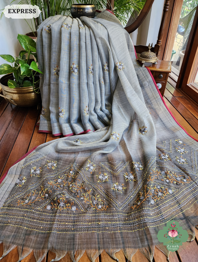 Zynah Grey Linen Tissue Saree Adorned With French-knot & Kantha Hand Embroidery; Custom Stitched/Ready-made Blouse, Fall, Petticoat; SKU: 1903202501