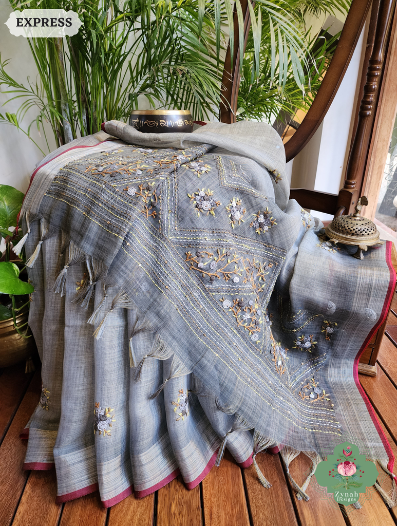 Zynah Grey Linen Tissue Saree Adorned With French-knot & Kantha Hand Embroidery; Custom Stitched/Ready-made Blouse, Fall, Petticoat; SKU: 1903202501