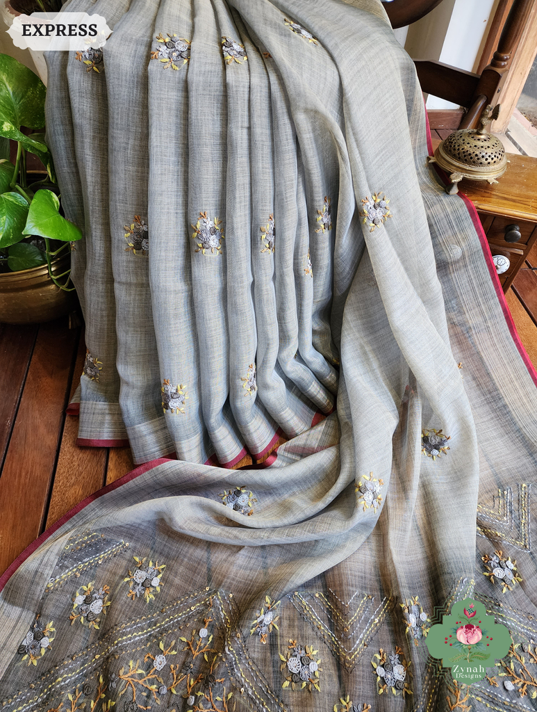 Zynah Grey Linen Tissue Saree Adorned With French-knot & Kantha Hand Embroidery; Custom Stitched/Ready-made Blouse, Fall, Petticoat; SKU: 1903202501