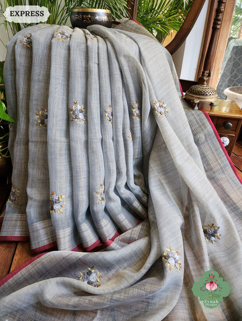 Zynah Grey Linen Tissue Saree Adorned With French-knot & Kantha Hand Embroidery; Custom Stitched/Ready-made Blouse, Fall, Petticoat; SKU: 1903202501