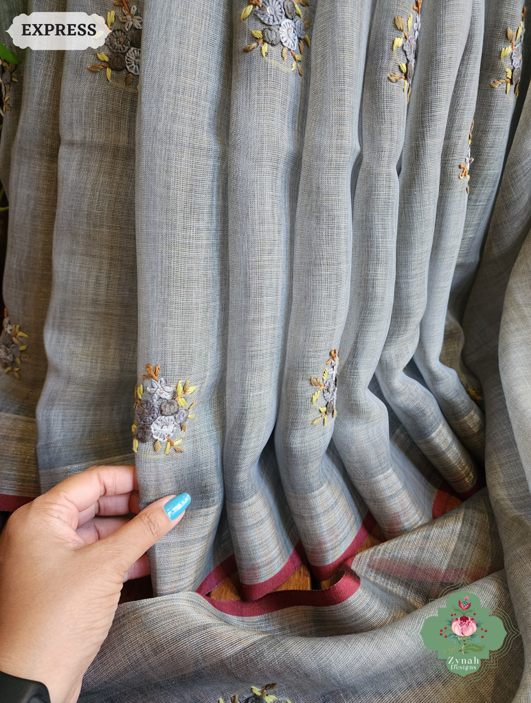 Zynah Grey Linen Tissue Saree Adorned With French-knot & Kantha Hand Embroidery; Custom Stitched/Ready-made Blouse, Fall, Petticoat; SKU: 1903202501