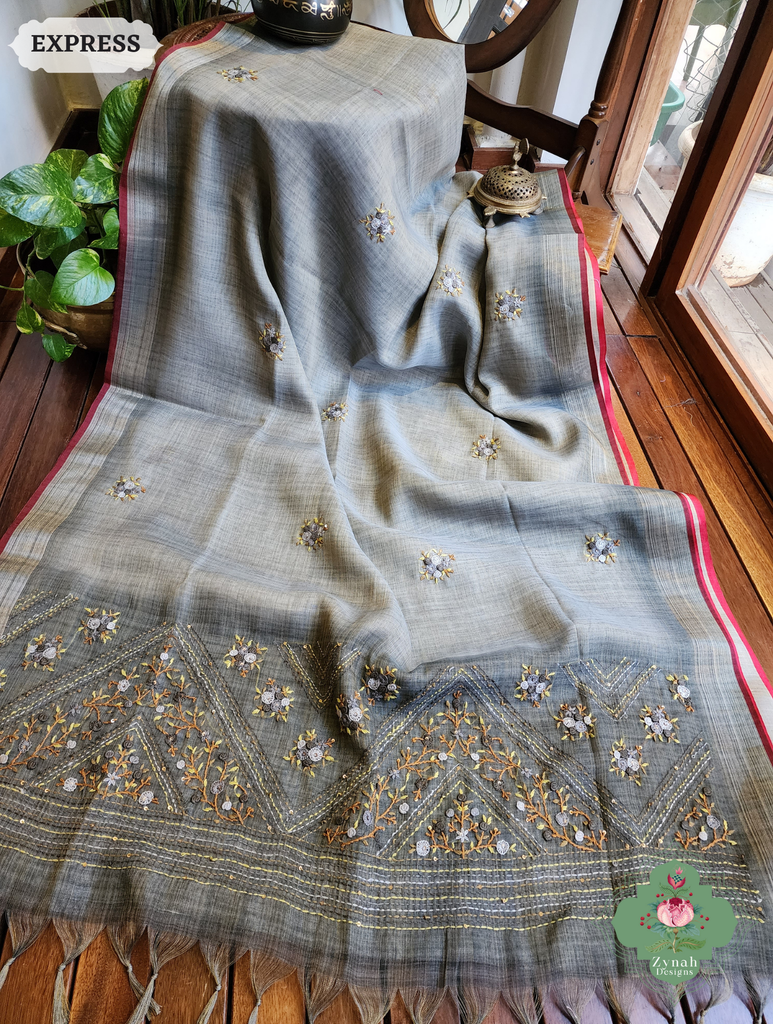 Zynah Grey Linen Tissue Saree Adorned With French-knot & Kantha Hand Embroidery; Custom Stitched/Ready-made Blouse, Fall, Petticoat; SKU: 1903202501
