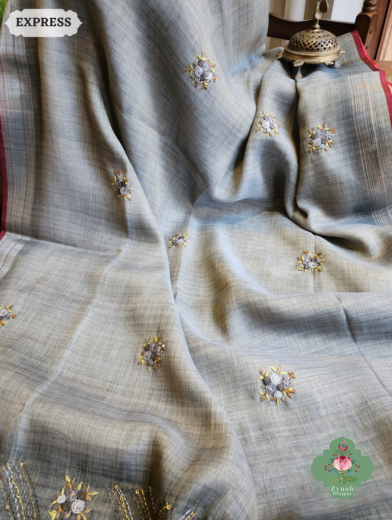 Zynah Grey Linen Tissue Saree Adorned With French-knot & Kantha Hand Embroidery; Custom Stitched/Ready-made Blouse, Fall, Petticoat; SKU: 1903202501