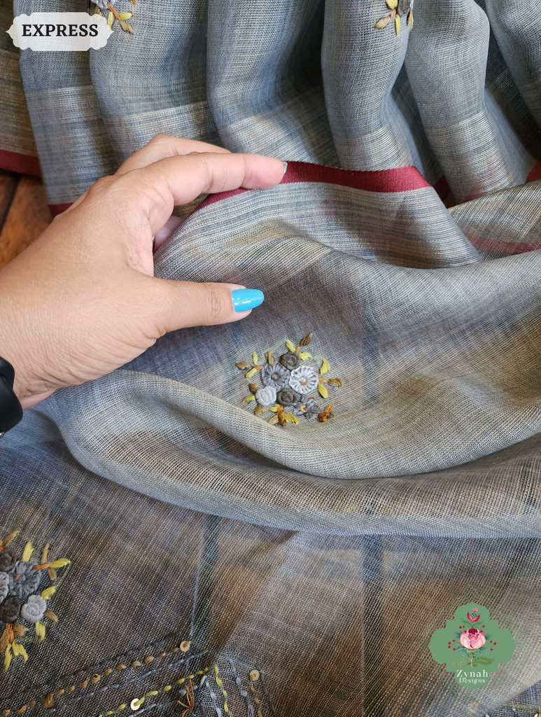 Zynah Grey Linen Tissue Saree Adorned With French-knot & Kantha Hand Embroidery; Custom Stitched/Ready-made Blouse, Fall, Petticoat; SKU: 1903202501