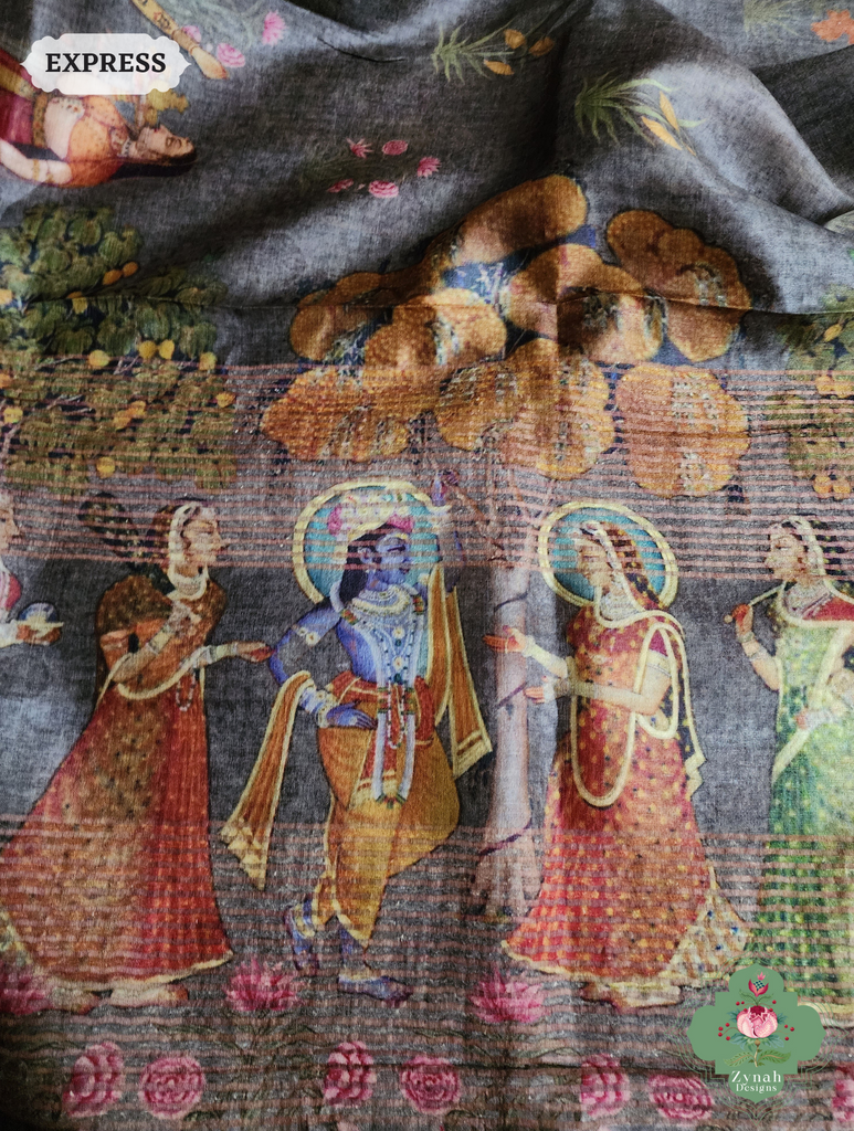 Grey Pure Tussar Silk Saree With Pichwai Print 10