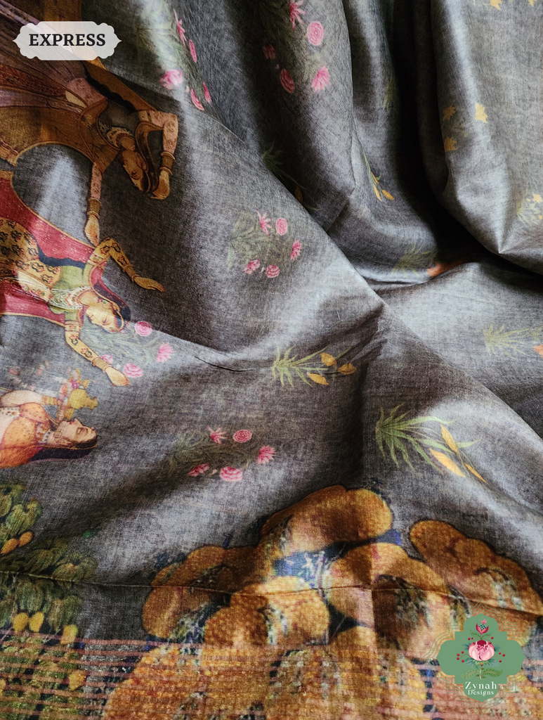 Grey Pure Tussar Silk Saree With Pichwai Print 11