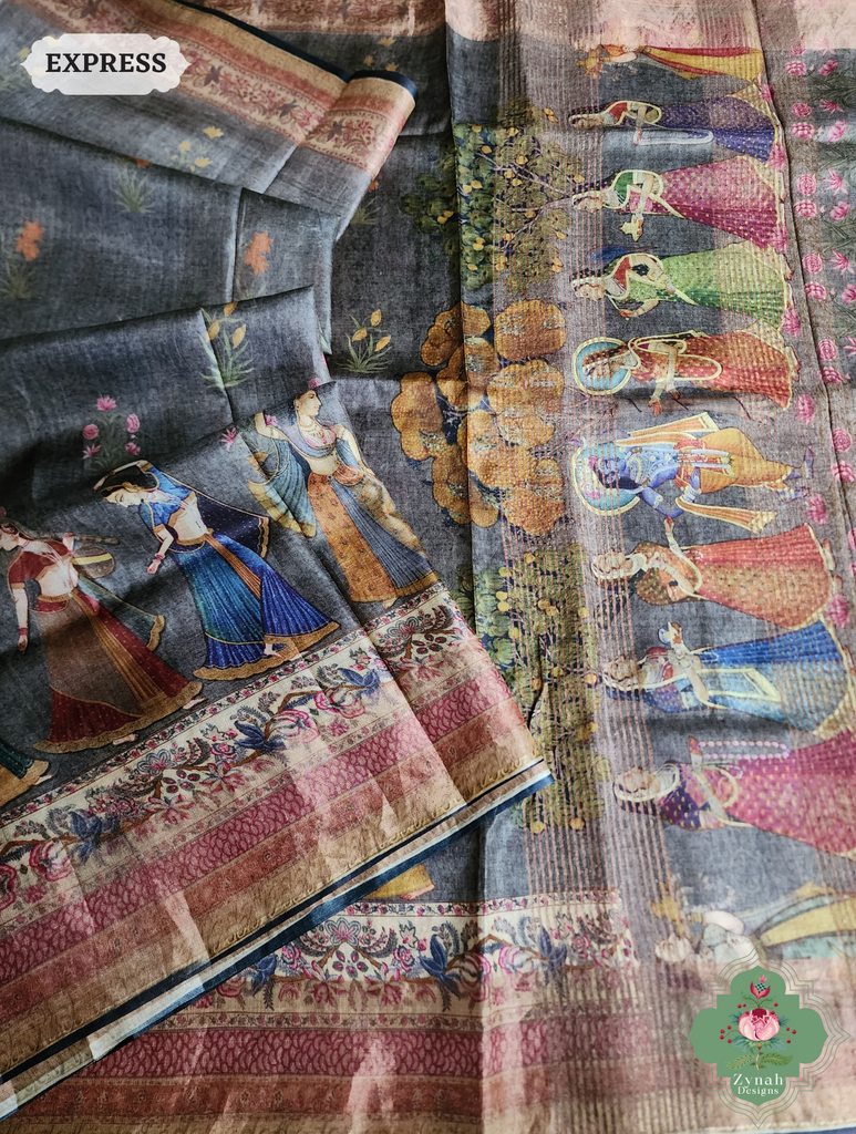 Grey Pure Tussar Silk Saree With Pichwai Print