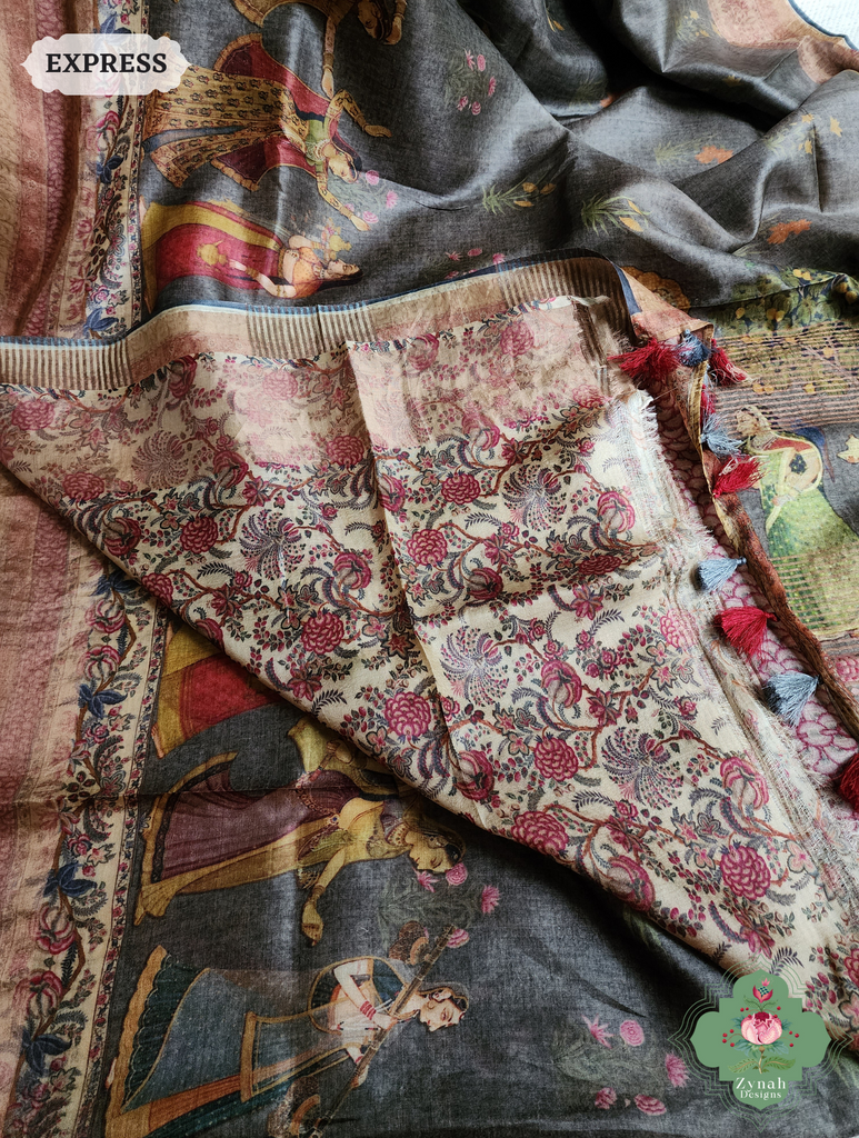 Grey Pure Tussar Silk Saree With Pichwai Print 13