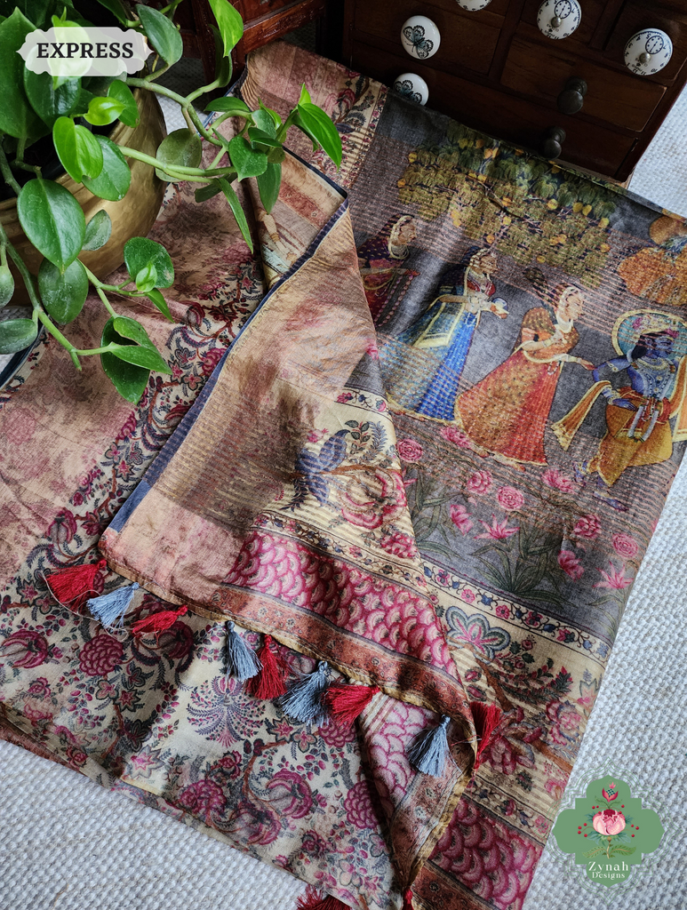 Grey Pure Tussar Silk Saree With Pichwai Print 14