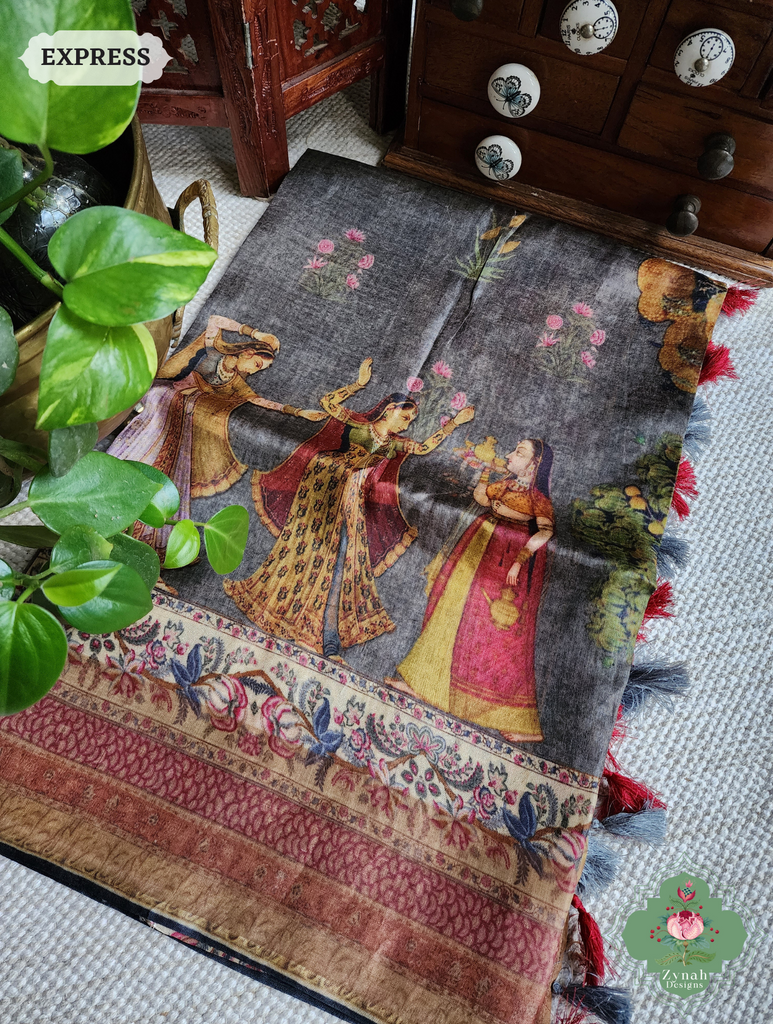 Grey Pure Tussar Silk Saree With Pichwai Print 15